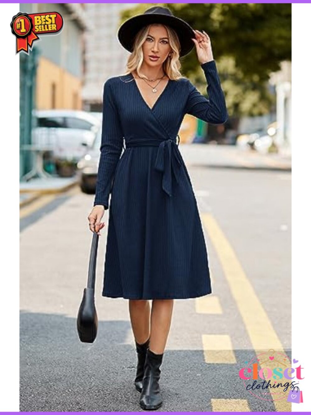 Ribbed Knit Sweater Dress Belted Midi Business Casual Teacher Women's - Picture 3 of 5